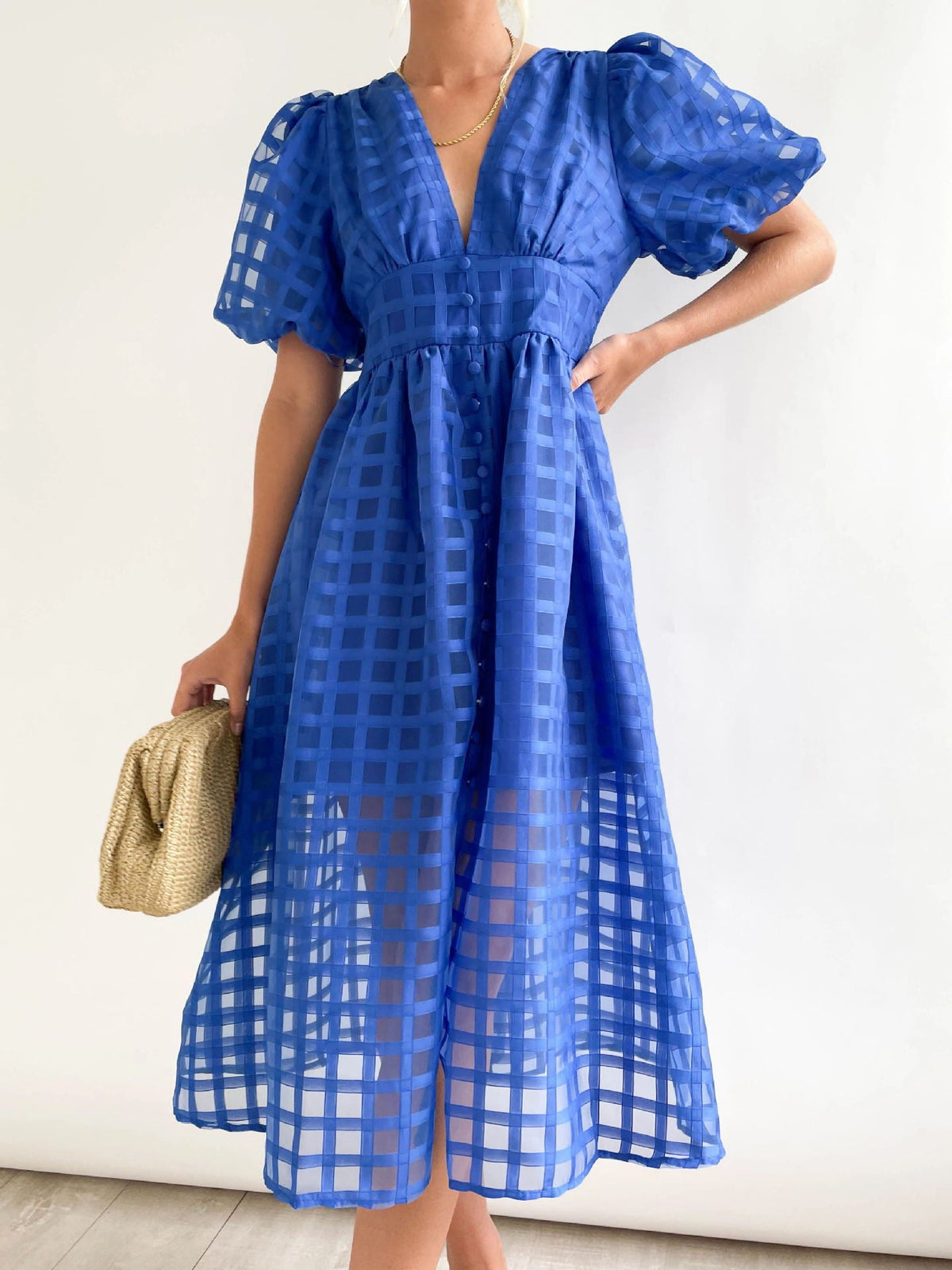 Nellie Grid Midi Dress in Pink