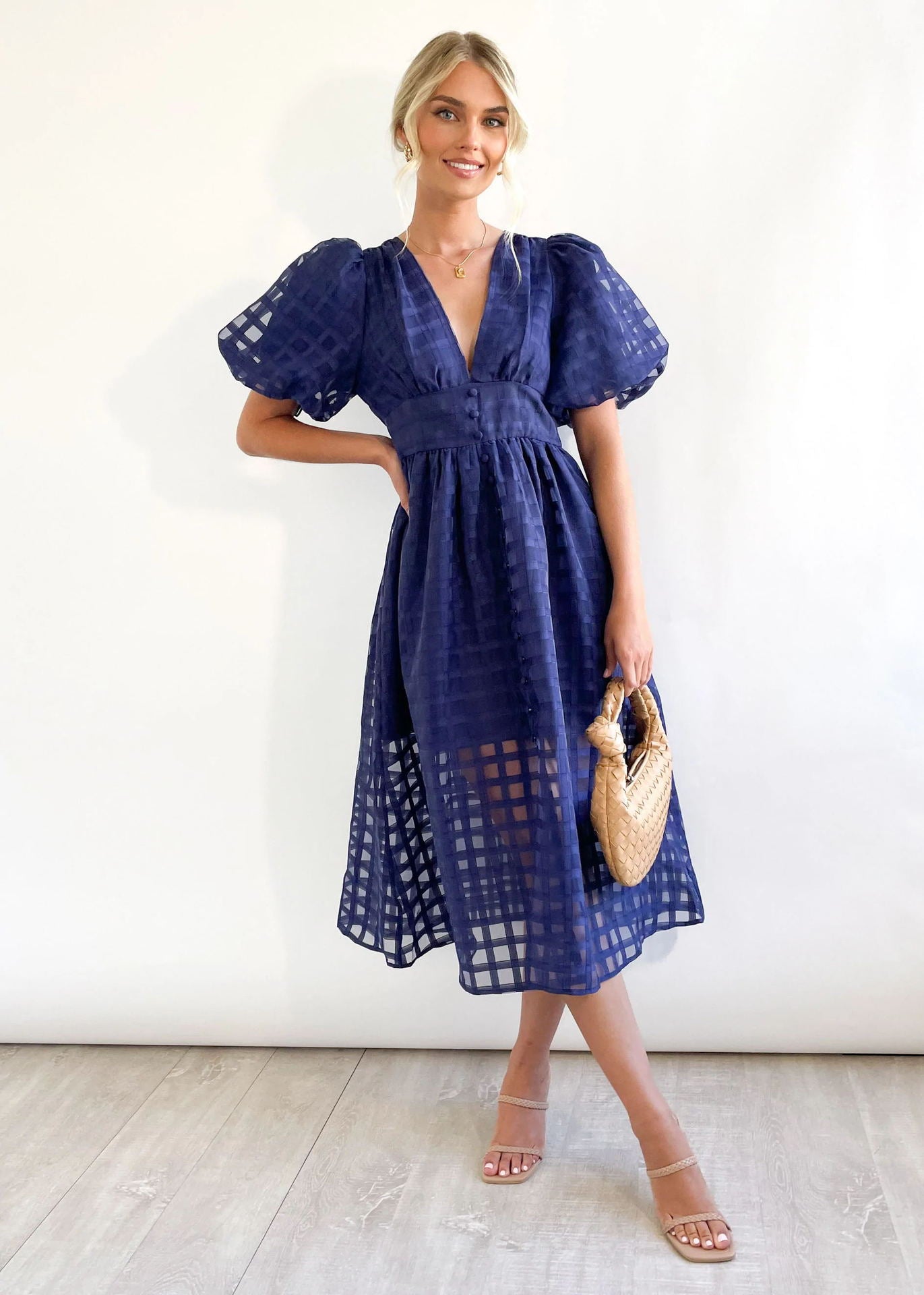Nellie Grid Midi Dress in Pink