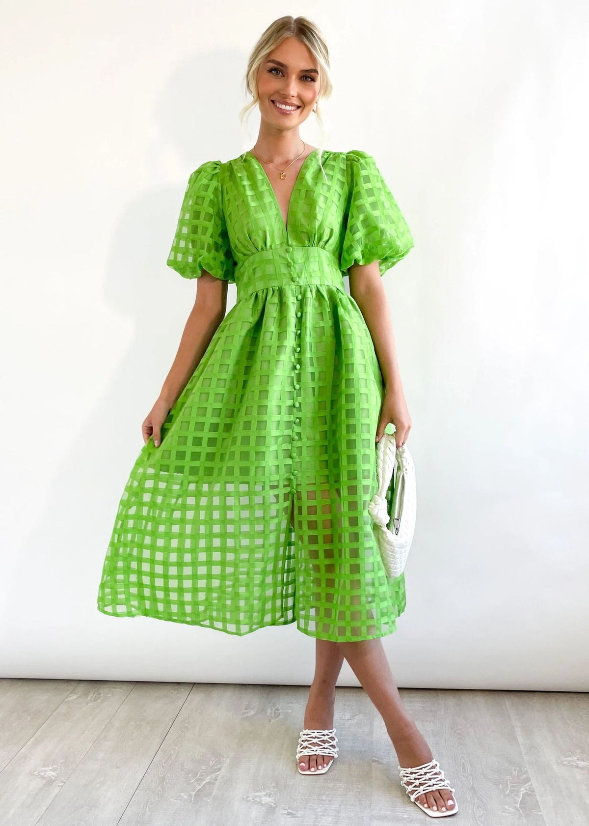 Nellie Grid Midi Dress in Pink