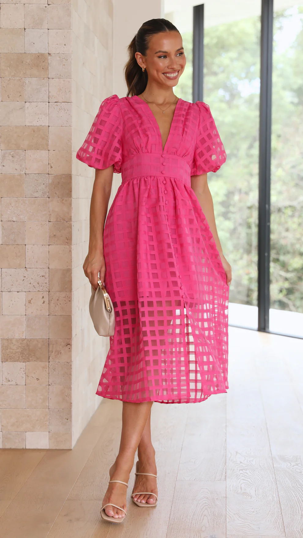 Nellie Grid Midi Dress in Pink