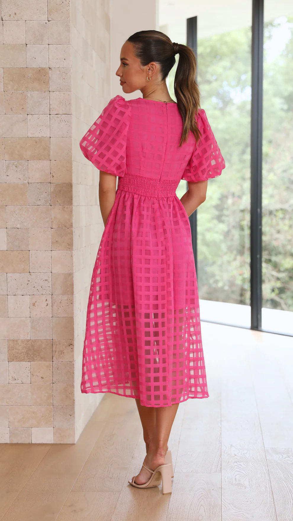 Nellie Grid Midi Dress in Pink
