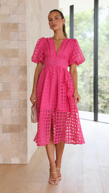 Nellie Grid Midi Dress in Pink