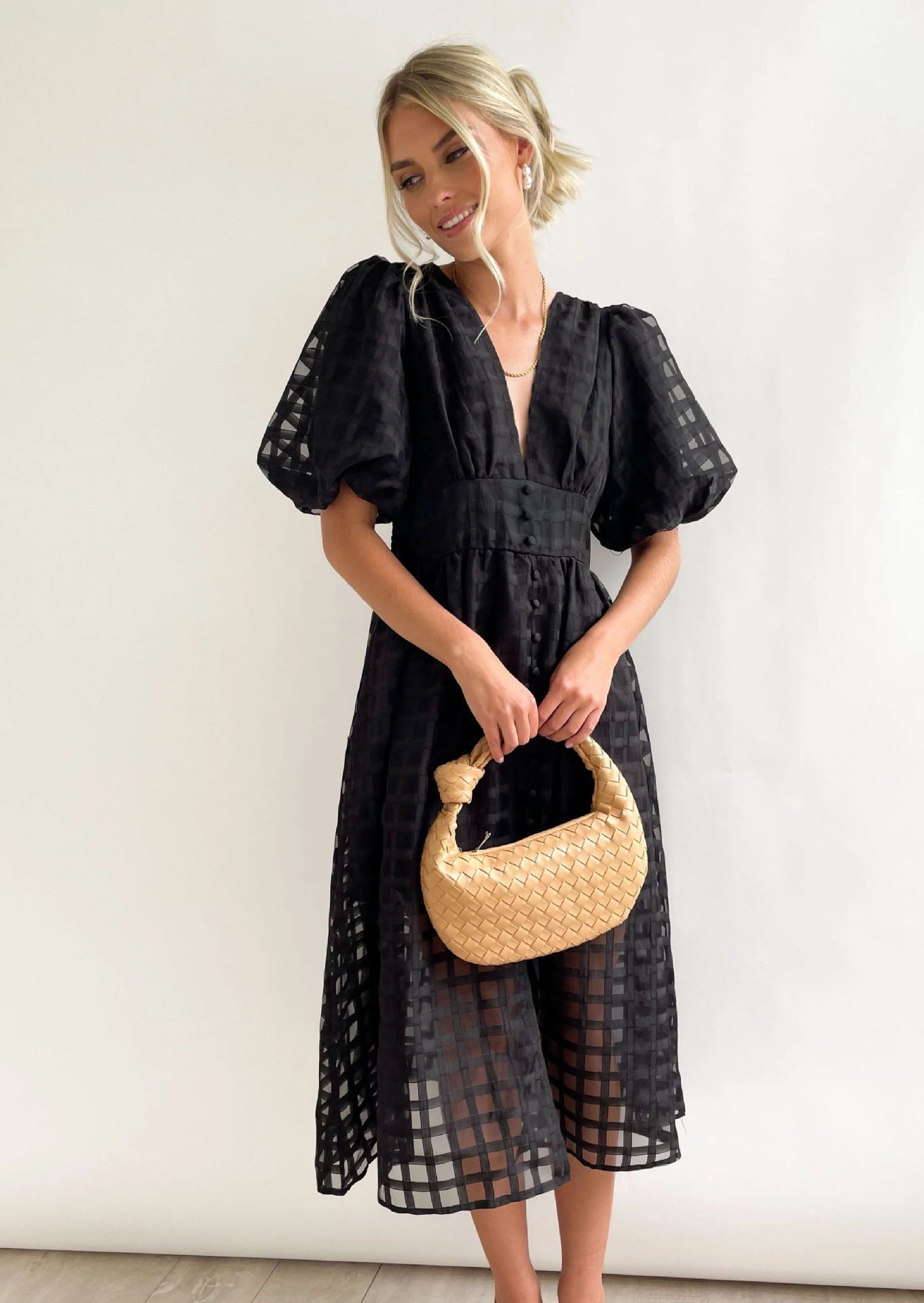 Nellie Grid Midi Dress in Pink