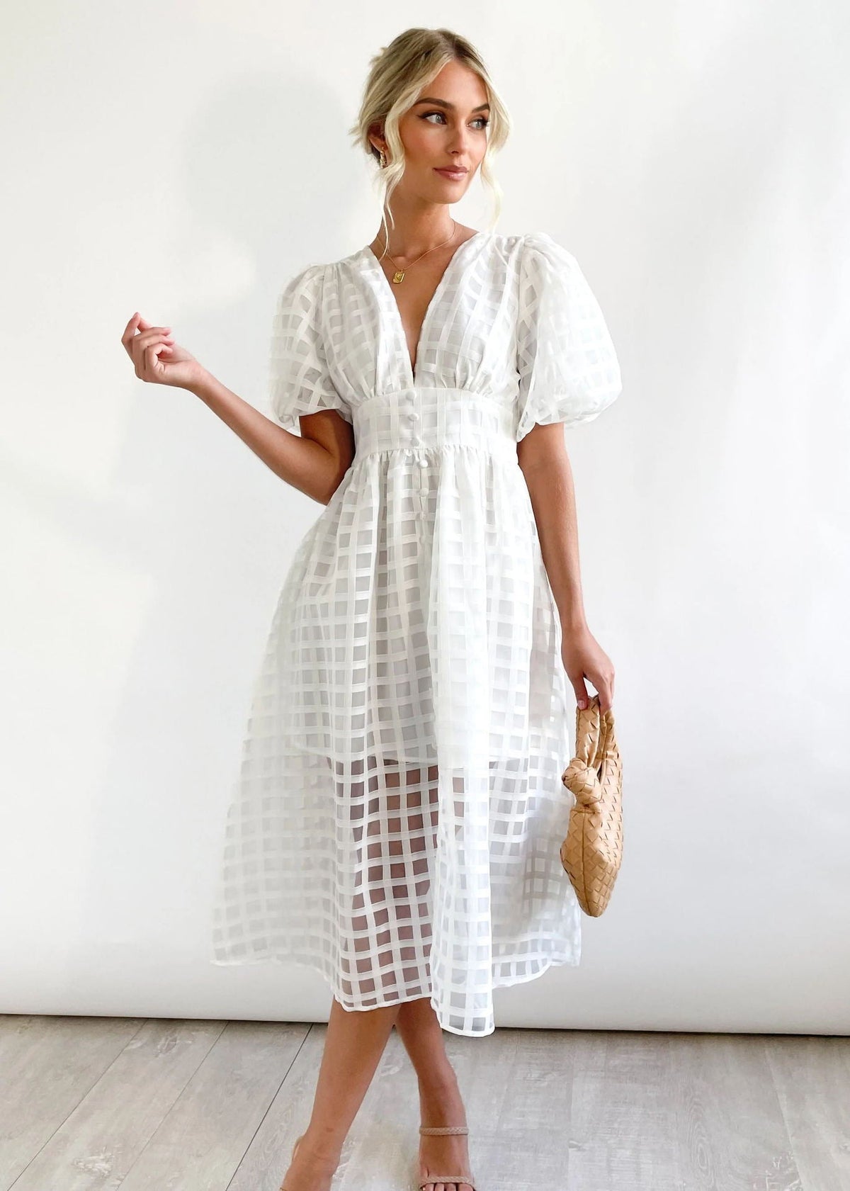 Nellie Grid Midi Dress in Pink