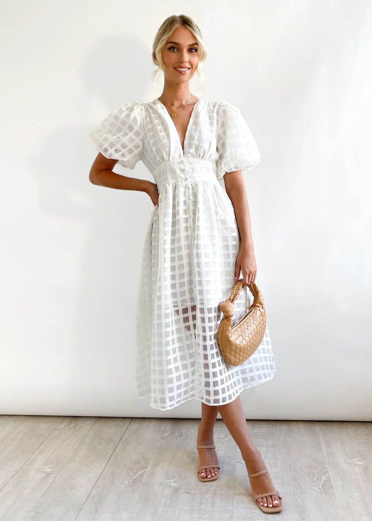 Nellie Grid Midi Dress in Pink
