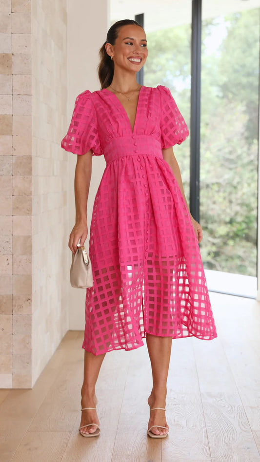 Nellie Grid Midi Dress in Pink
