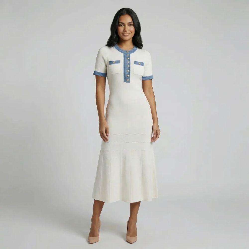White knit maxi dress with blue trim and gold-tone buttons — front view showcasing structured details and flared hemline.