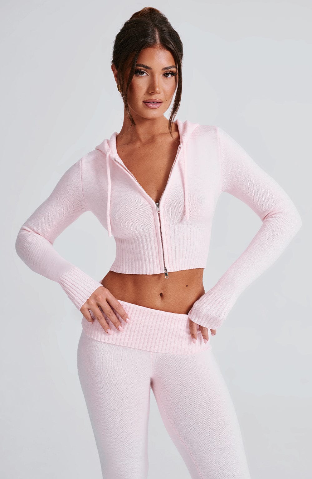 Women pink fitted set, front view
