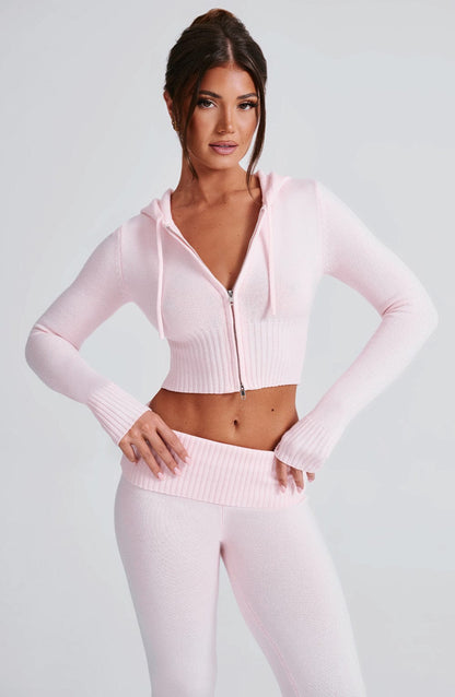 Women pink fitted set, back view