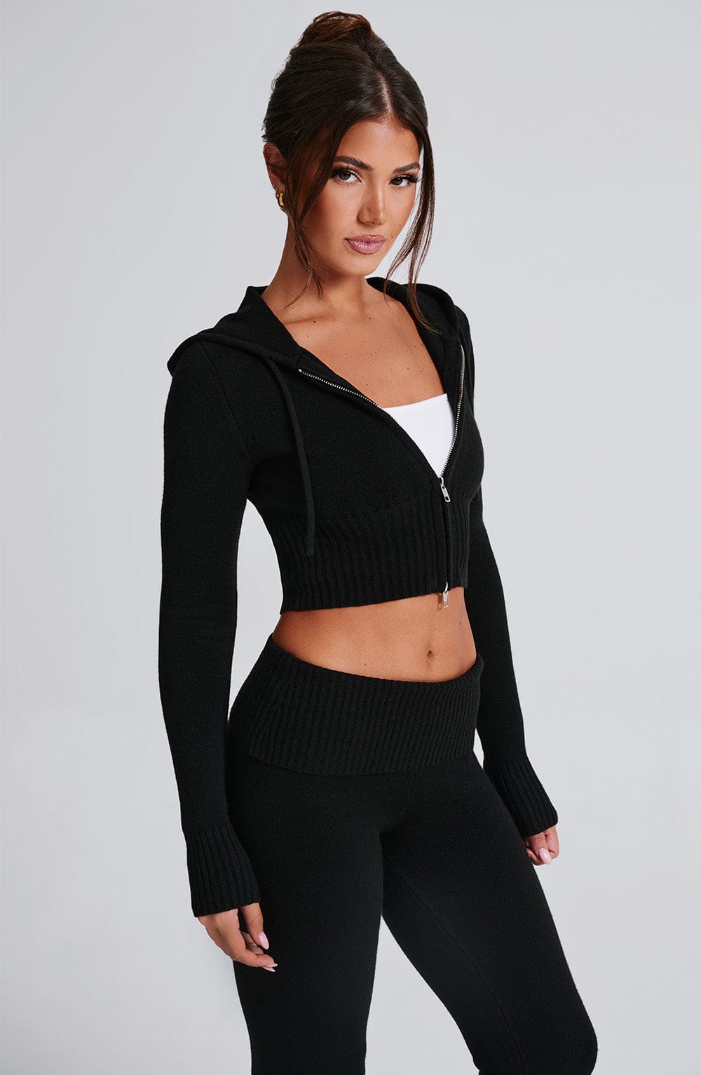 Women black fitted set, back view