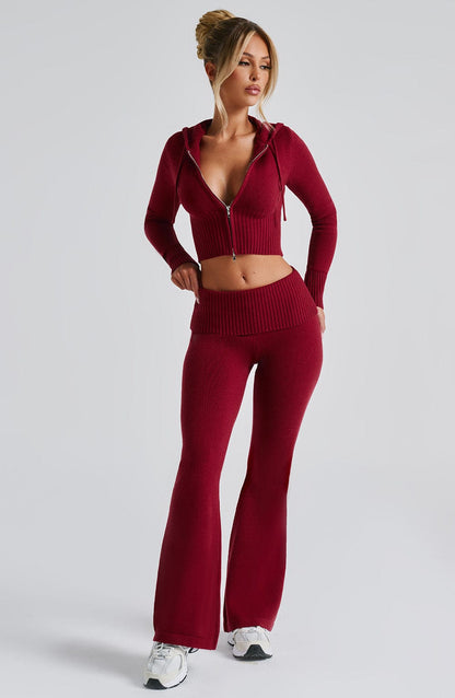 Women red fitted set, back view