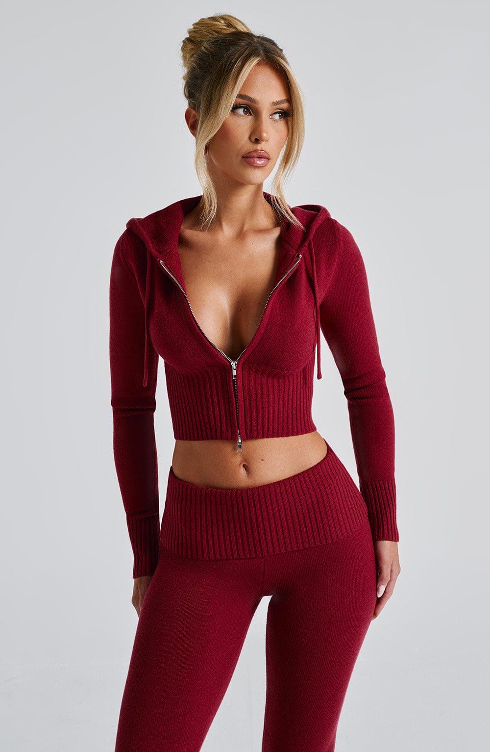 Women red fitted set, back view