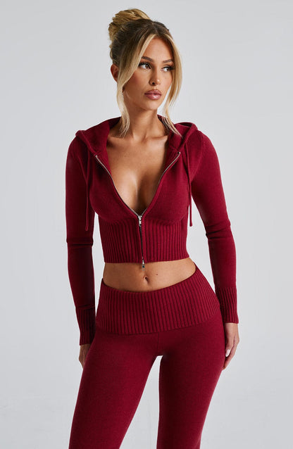 Women red fitted set, back view