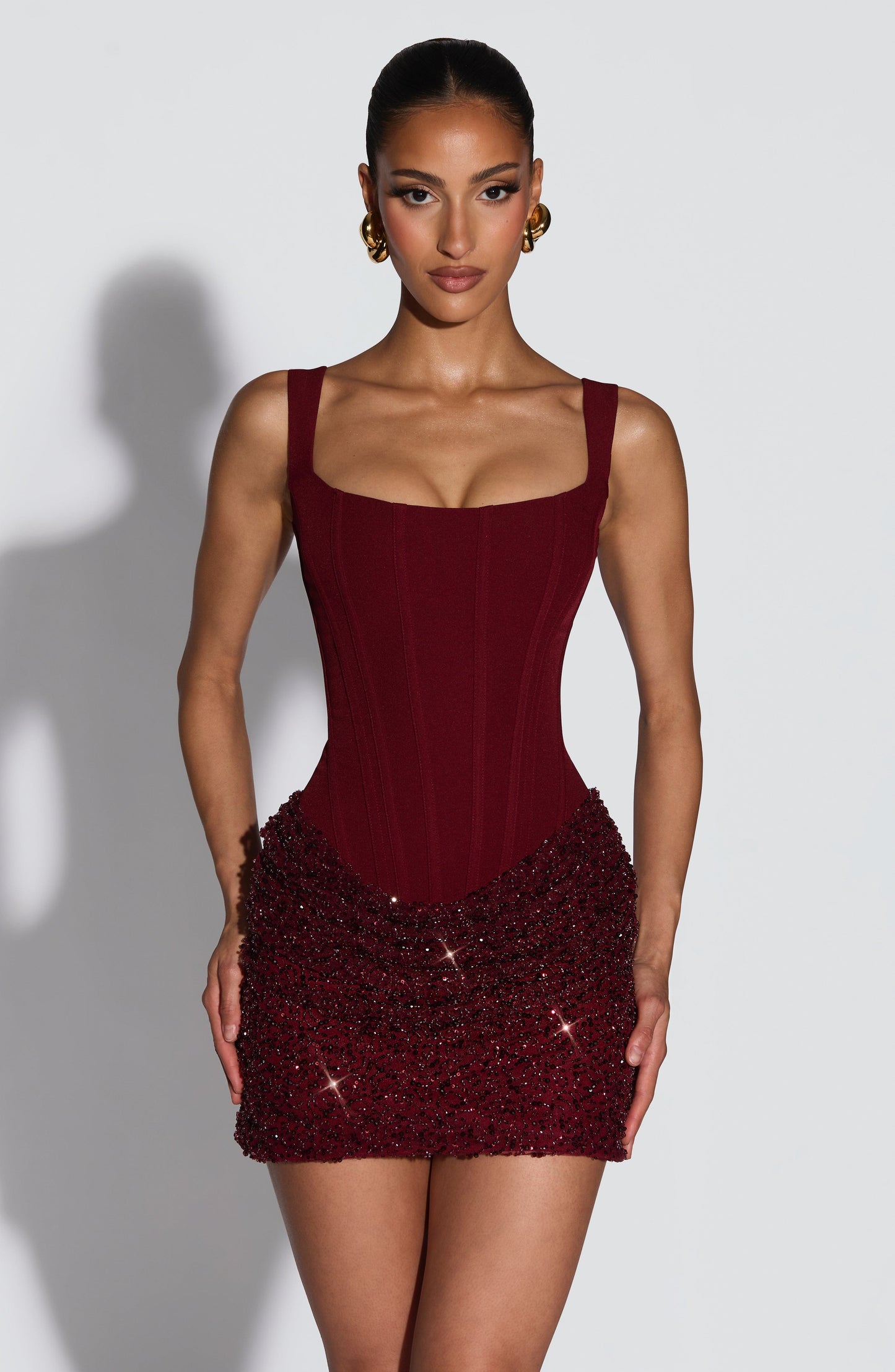 Women burgundy square neck mini dress, back view