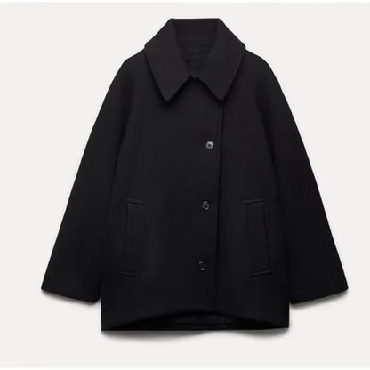 Women black collared button coat, front view