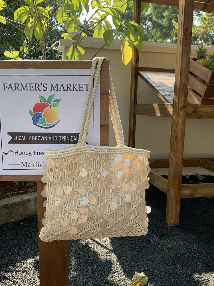 Olive Sequin Woven Tote in Ivory