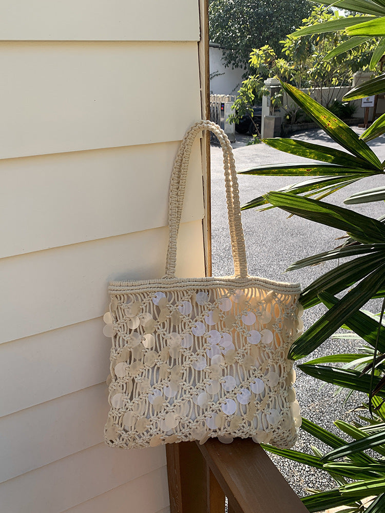 Olive Sequin Woven Tote in Ivory