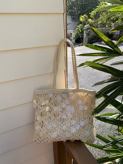 Olive Sequin Woven Tote in Ivory