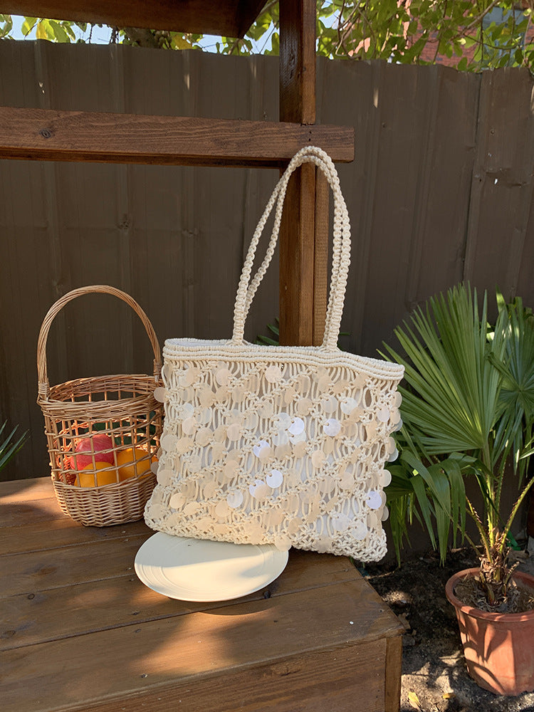 Olive Sequin Woven Tote in Ivory