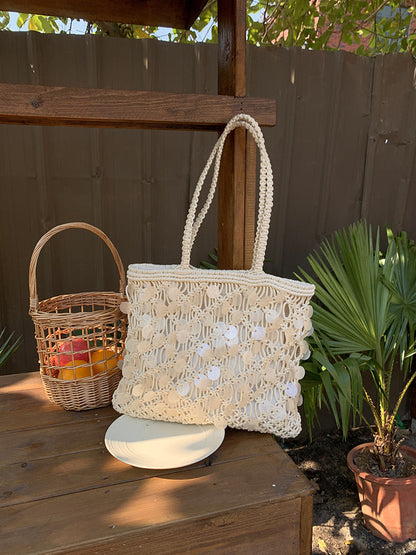 Olive Sequin Woven Tote in Ivory