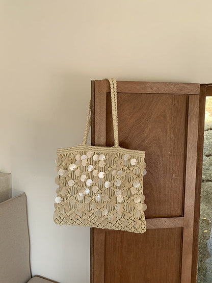 Olive Sequin Woven Tote in Ivory