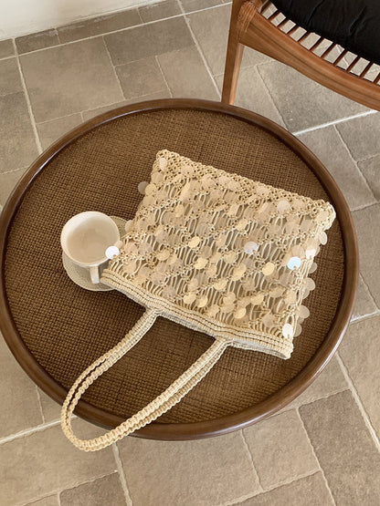 Olive Sequin Woven Tote in Ivory