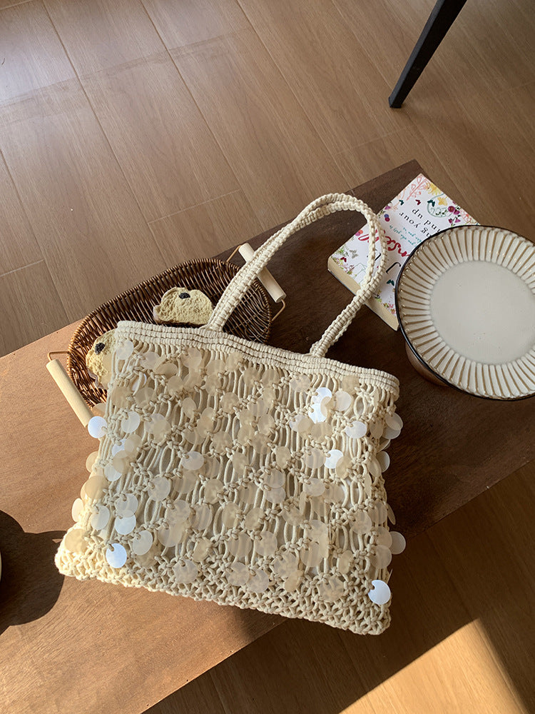 Olive Sequin Woven Tote in Ivory