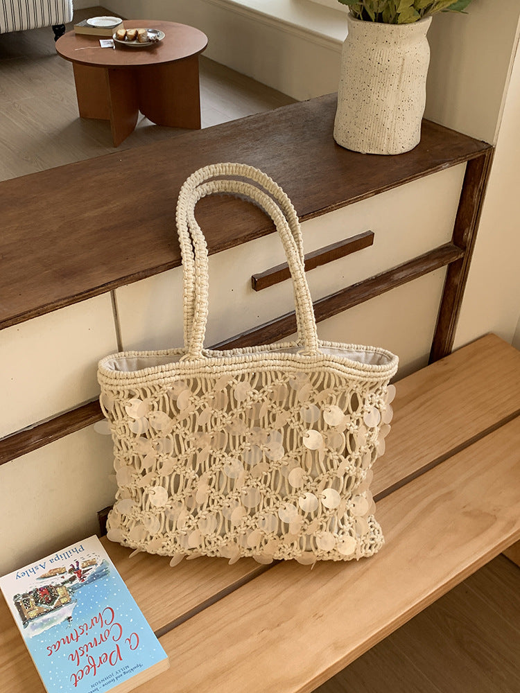 Olive Sequin Woven Tote in Ivory