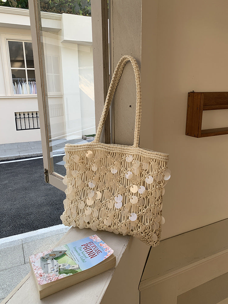 Olive Sequin Woven Tote in Ivory