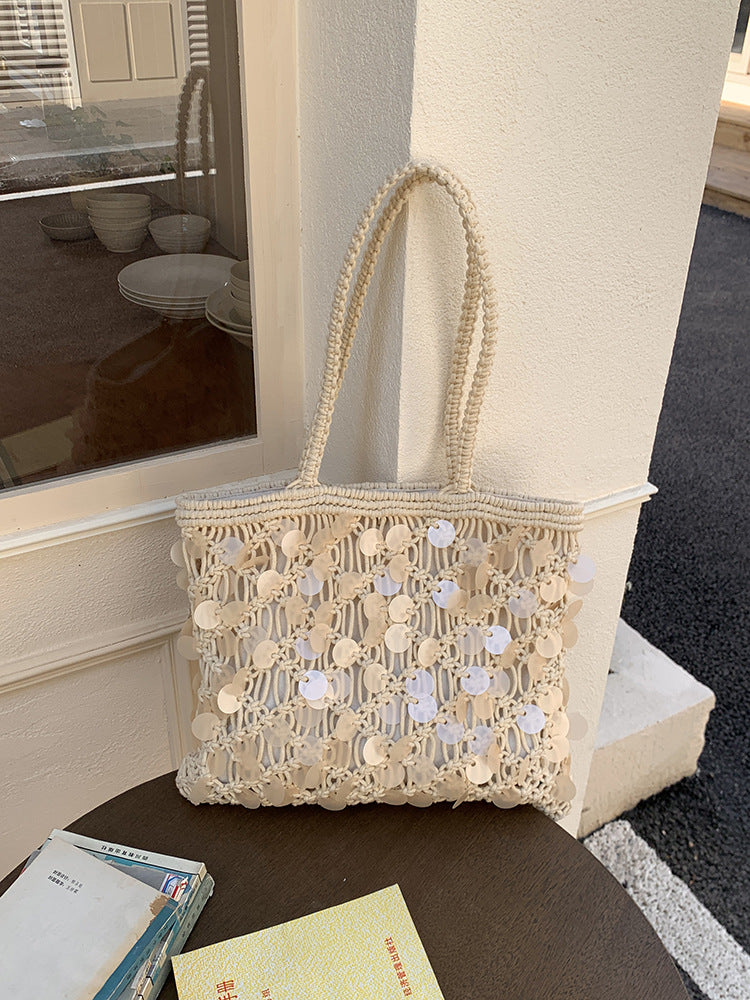 Olive Sequin Woven Tote in Ivory