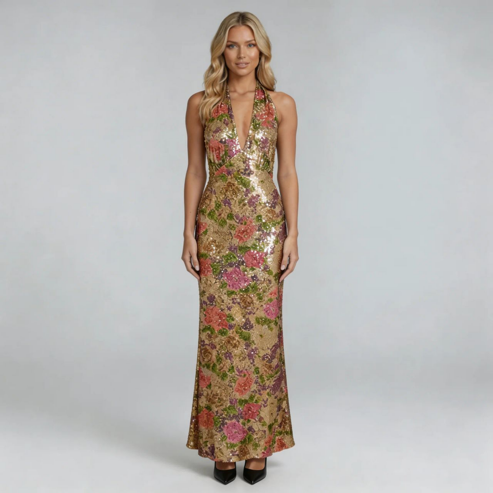 Gold floral sequin maxi dress with halter neckline — front view showing elegant silhouette.