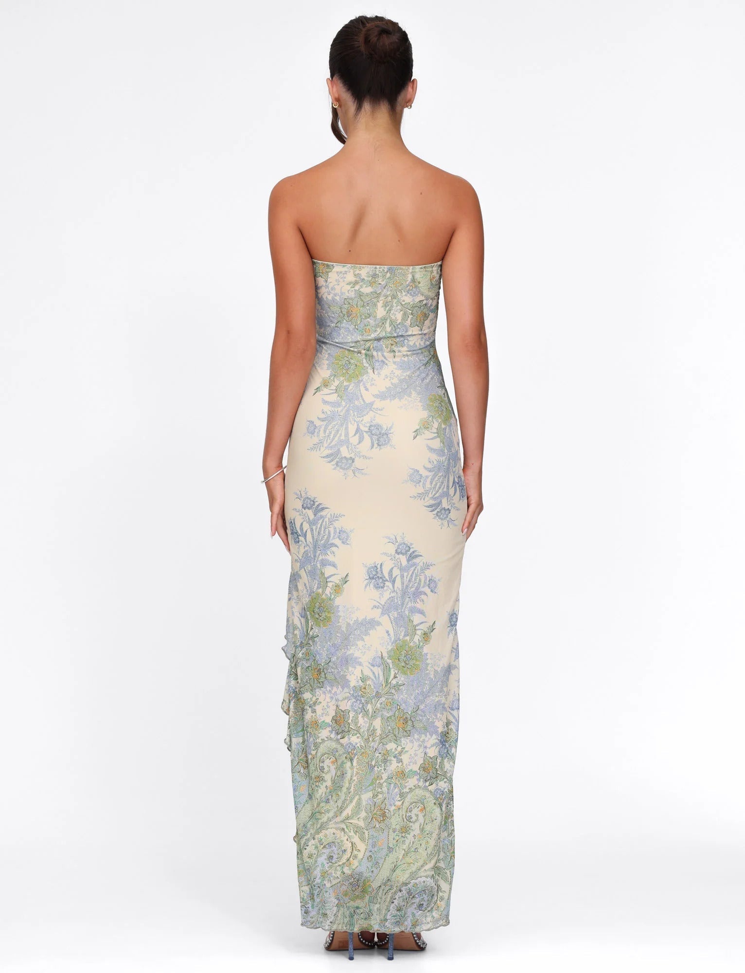 Women strapless floral maxi dress, detail close-up