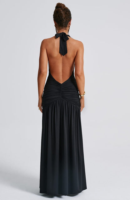 Women black halter maxi dress, back view