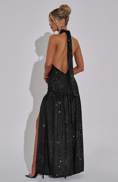 Women black halter maxi dress, front view