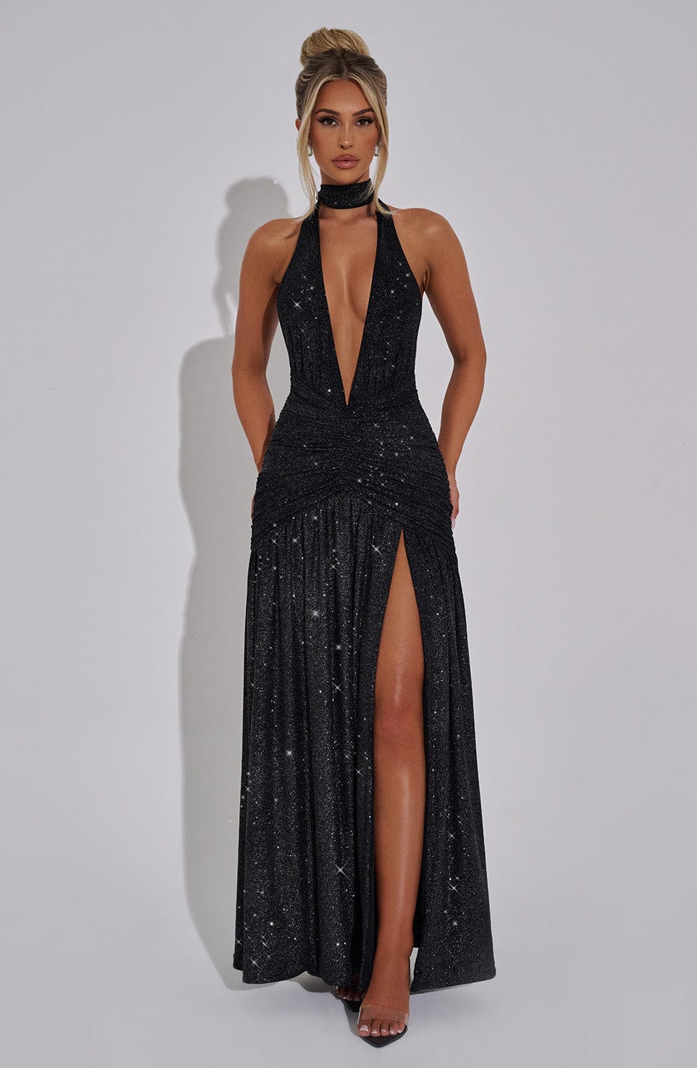 Women black halter maxi dress, detail close-up