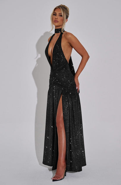 Women black halter maxi dress, front view