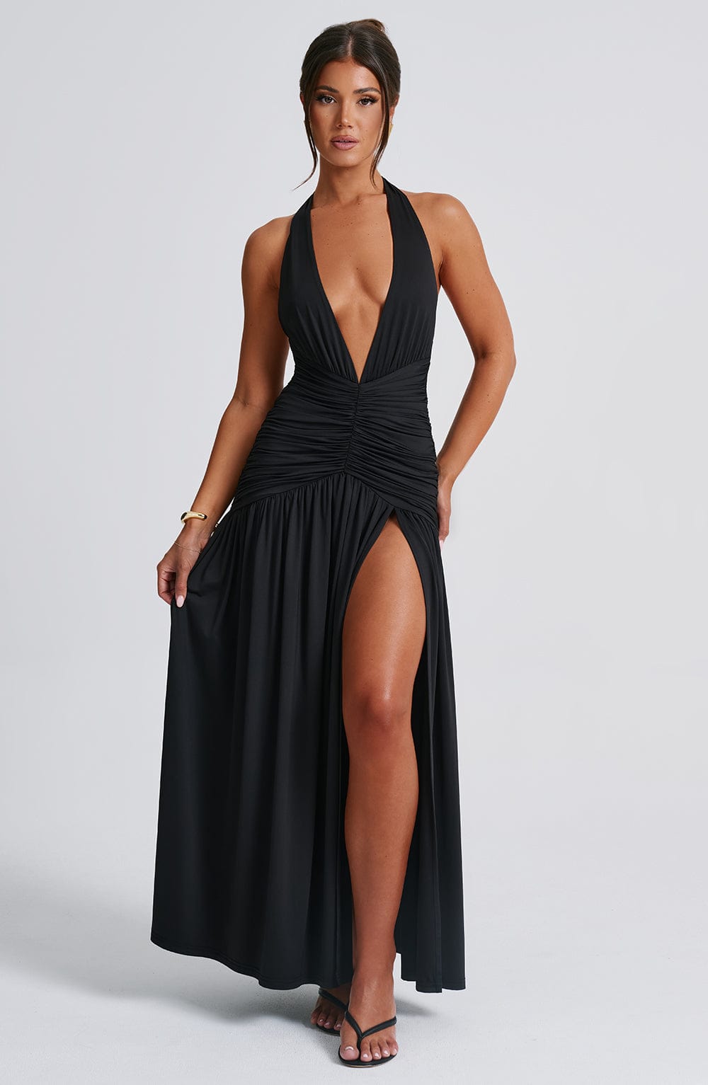 Women black halter maxi dress, back view