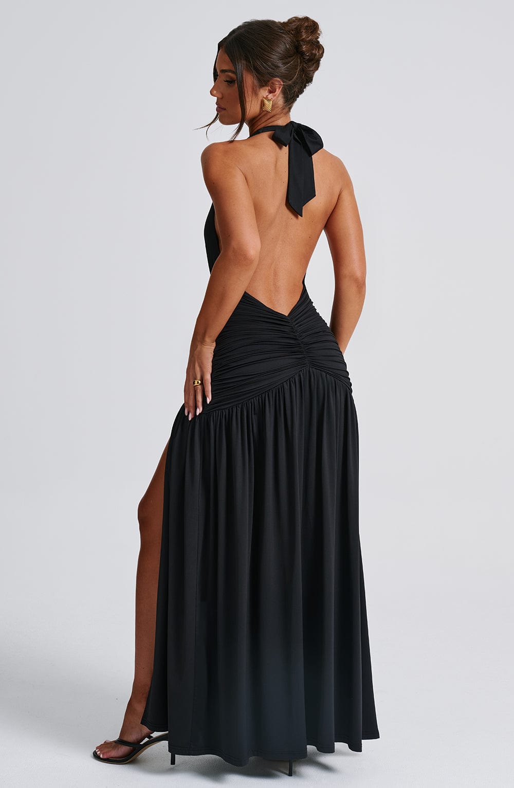 Women black halter maxi dress, front view