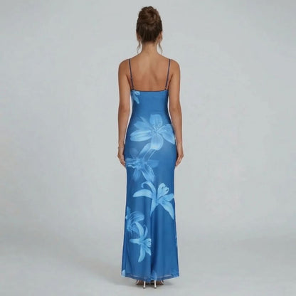 Blue floral mesh maxi dress — back view showing spaghetti straps