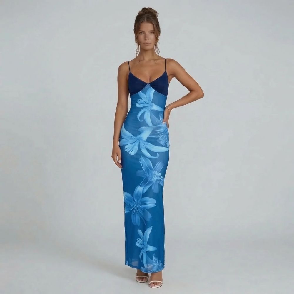 Blue floral mesh maxi dress — front view with sweetheart neckline