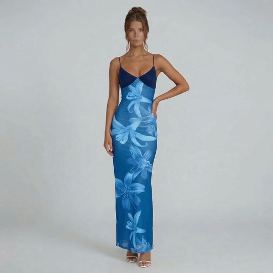 Blue floral mesh maxi dress — front view with sweetheart neckline