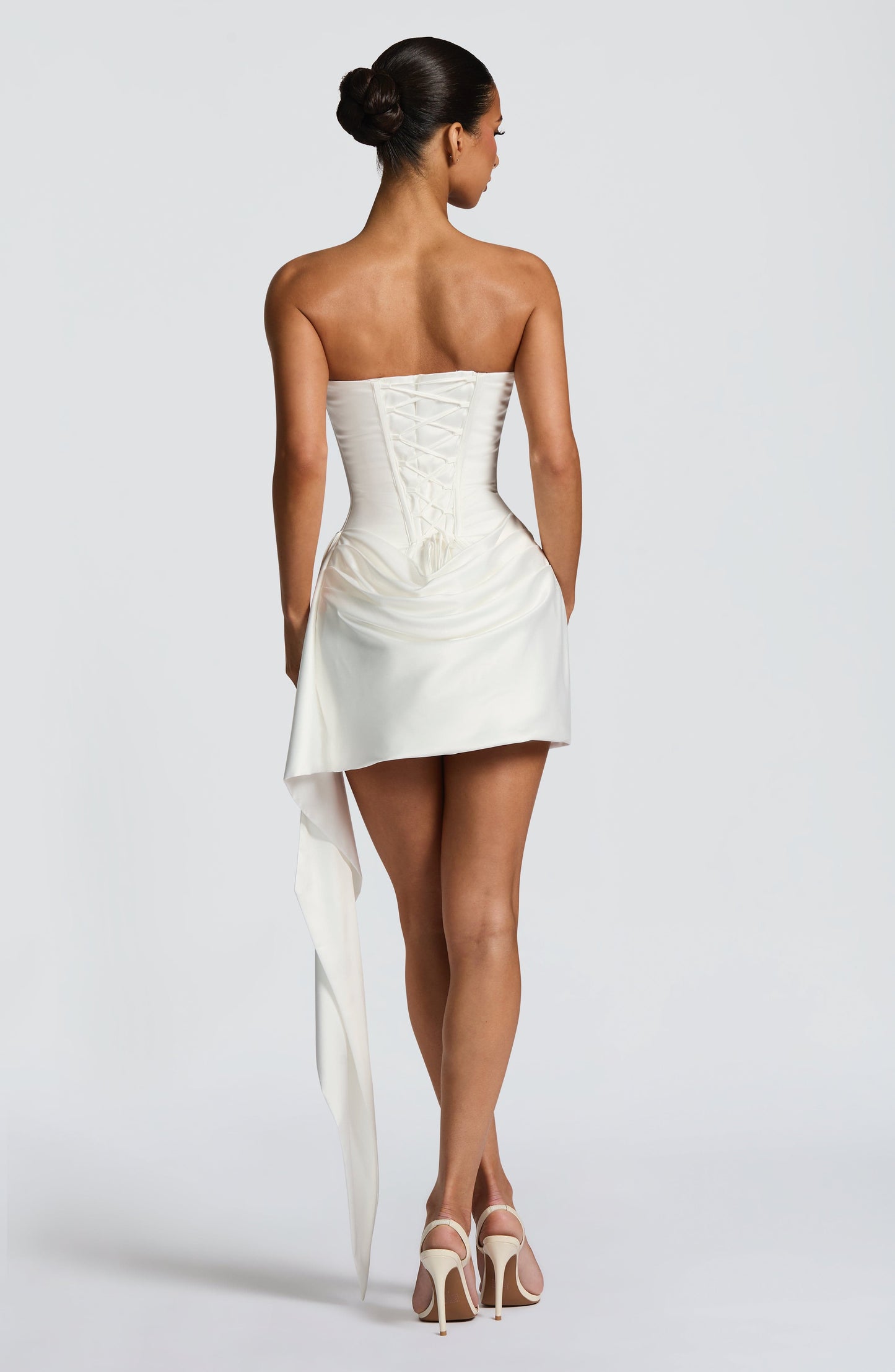 Women ivory cowl strapless mini dress, detail close-up