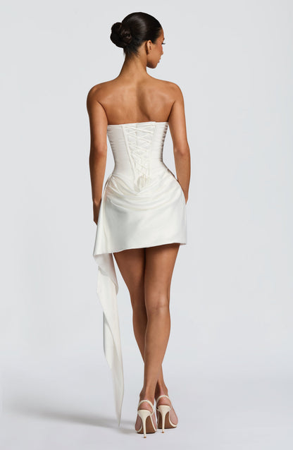 Women ivory cowl strapless mini dress, detail close-up
