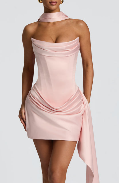 Women cowl strapless mini dress, back view
