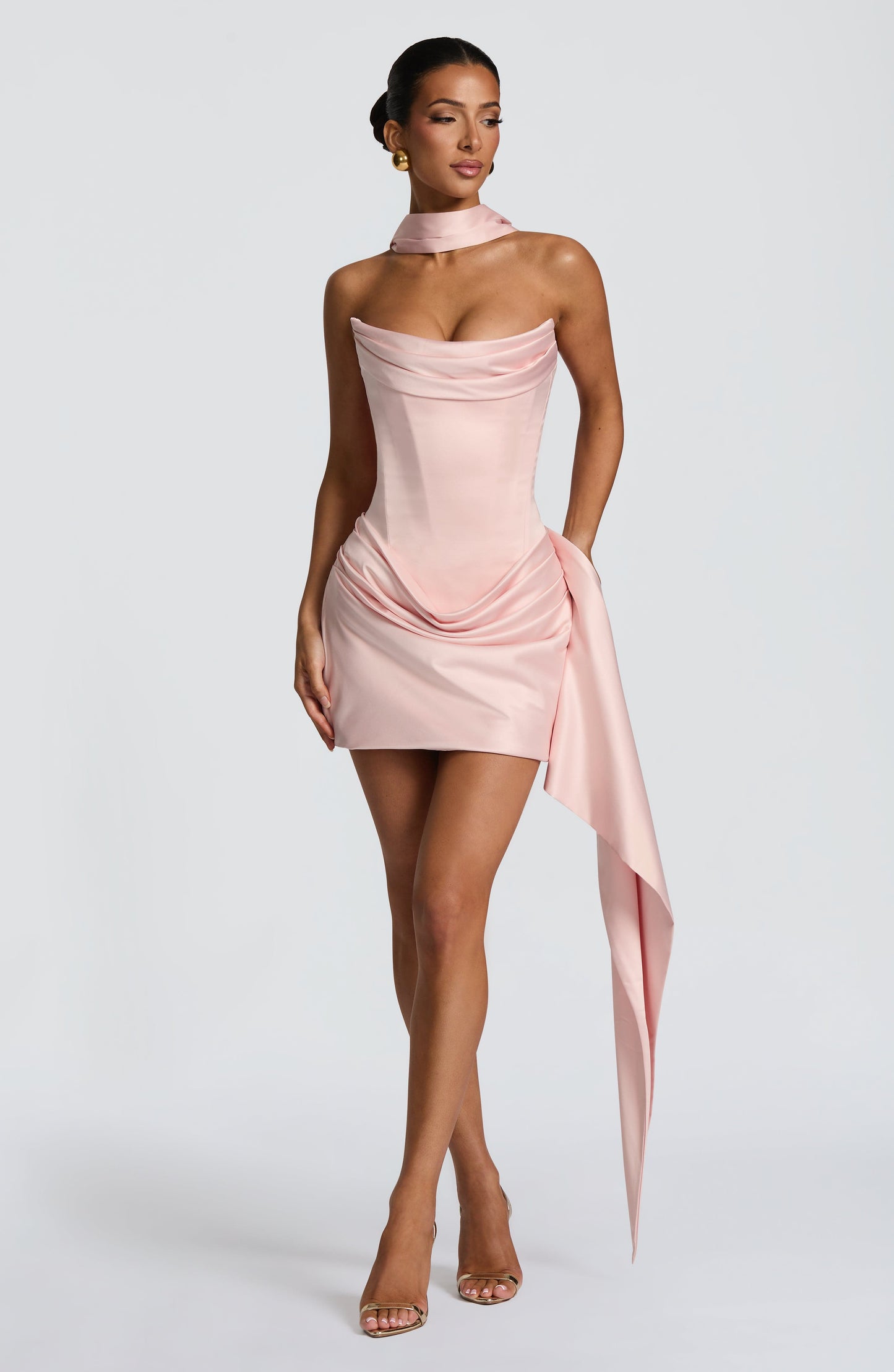 Women cowl strapless mini dress, back view