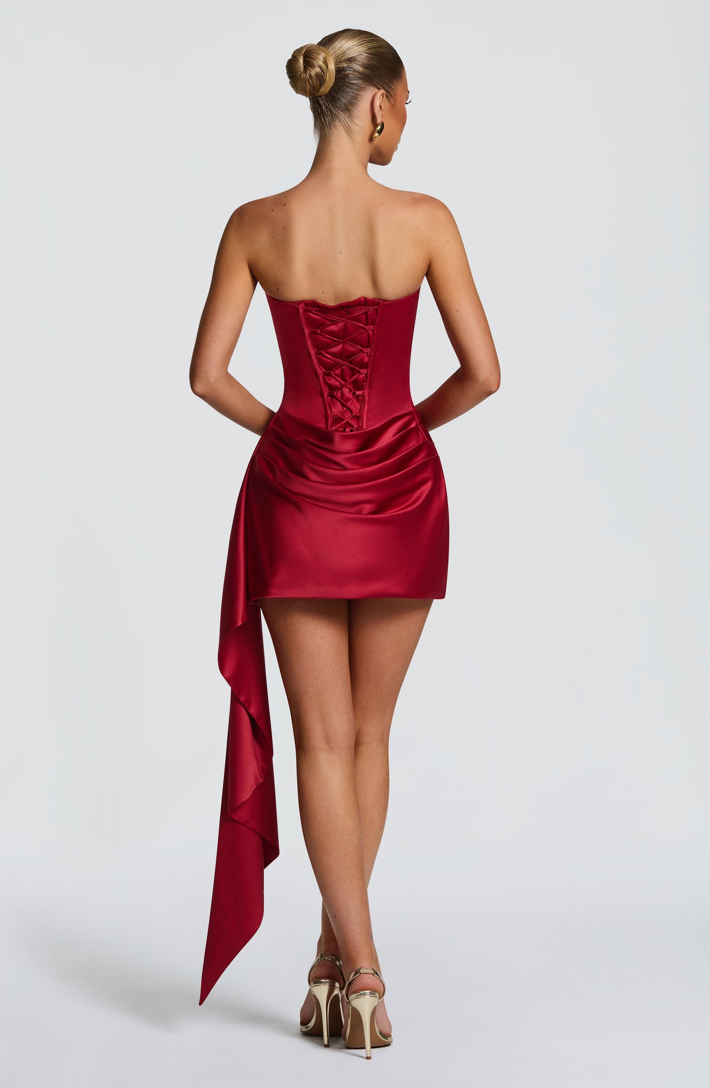 Women cowl strapless mini dress, detail close-up