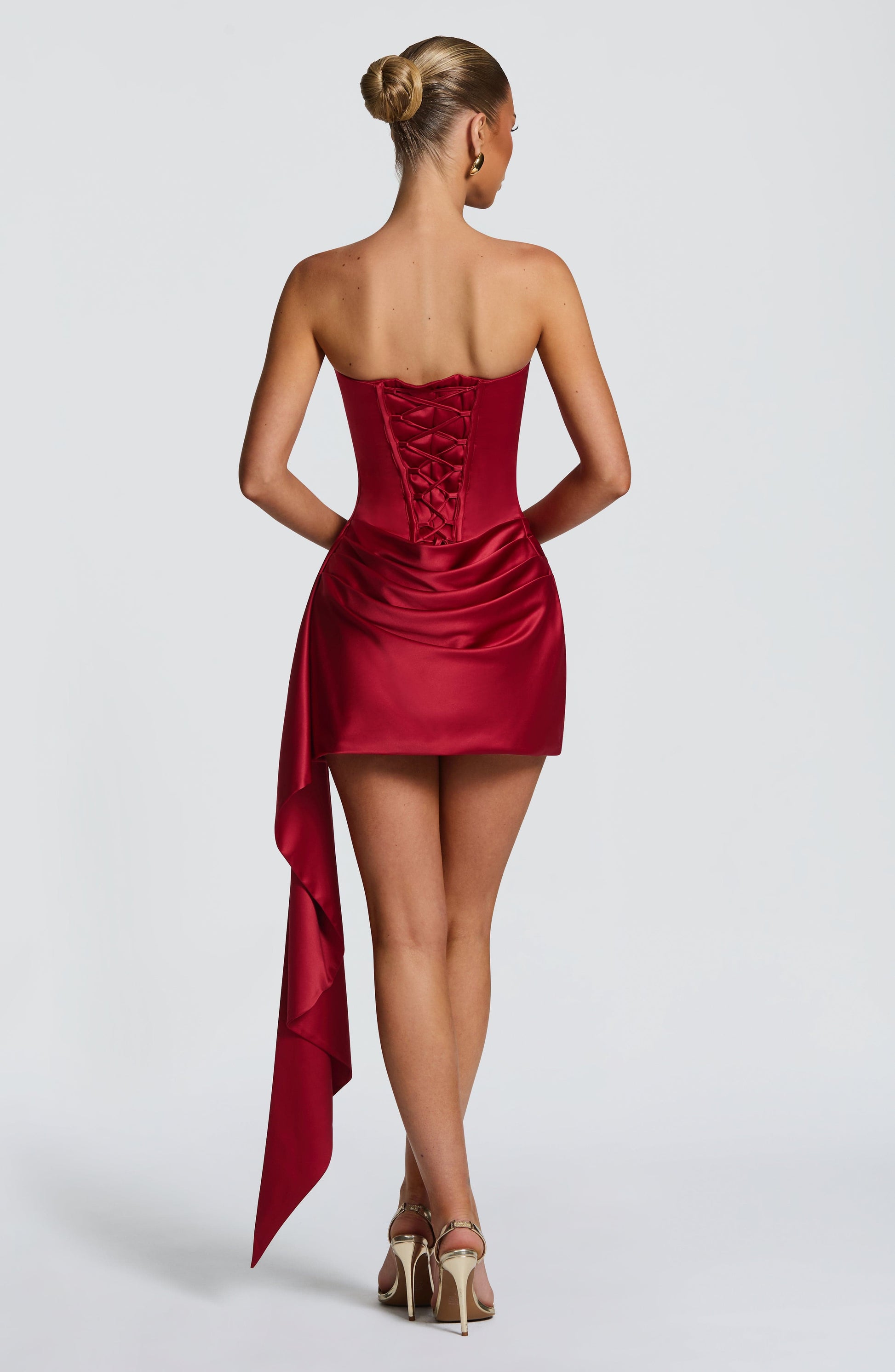 Women cowl strapless mini dress, detail close-up