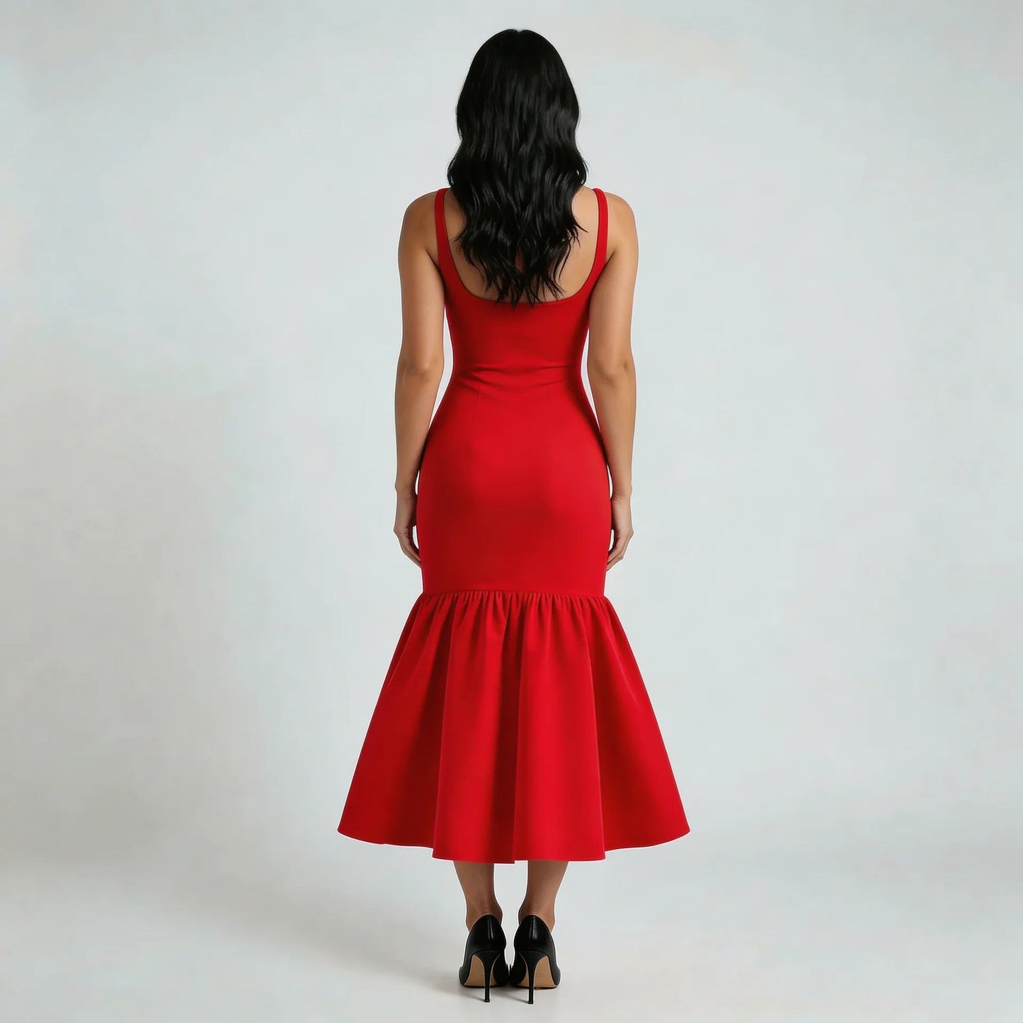 Red flounce midi dress — back view highlighting straps and drop-waist ruffled hem detail.