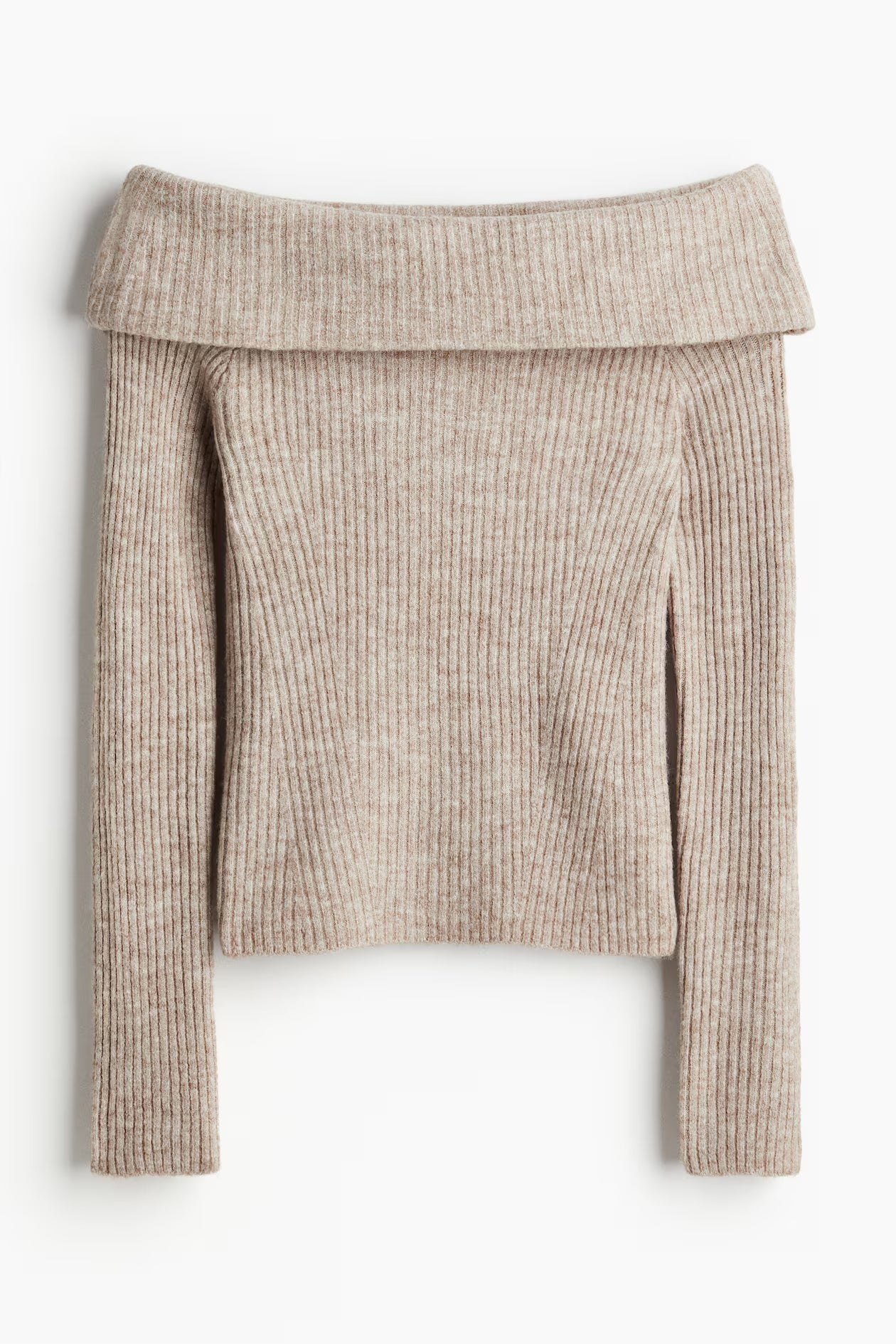 Women beige off-shoulder top, side view