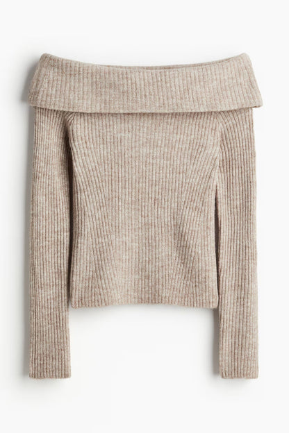 Women beige off-shoulder top, side view